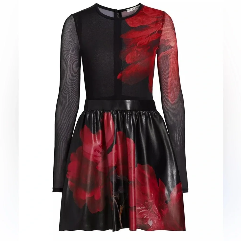 NWT Alice + Olivia Chara Vegan Leather Crewneck Mini Dress - Picture 2 of 8